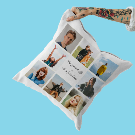 person holding personalised cushion branding